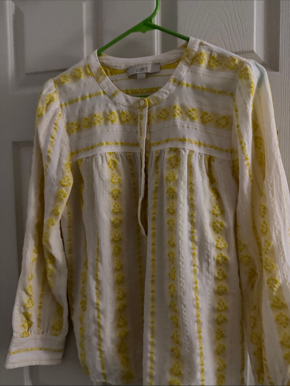 LOFT White and Yellow Embroidered Peasant Top